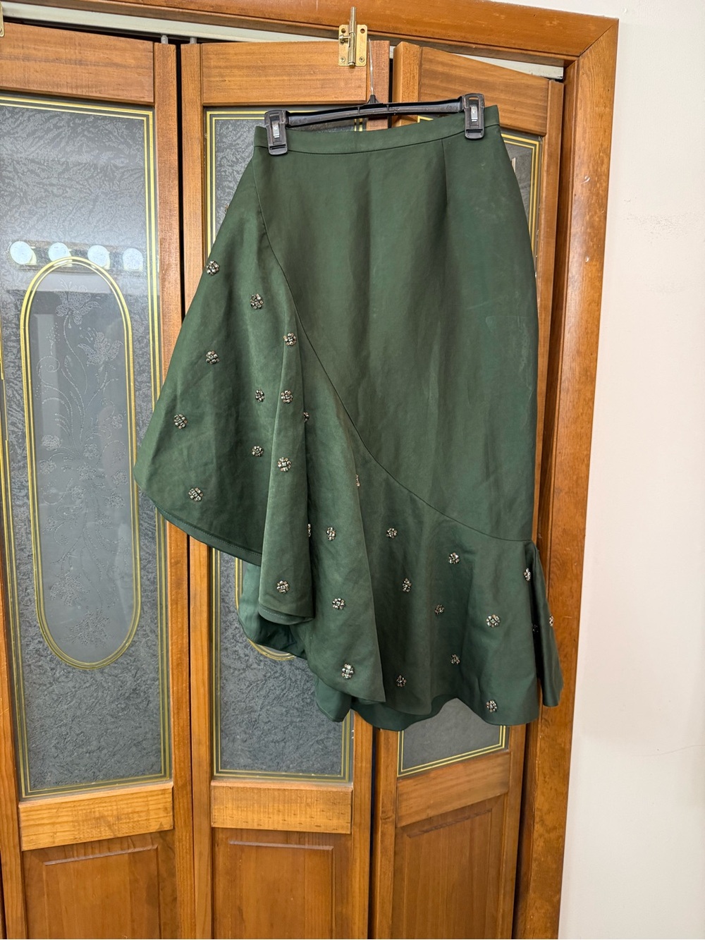 ANTHROPOLOGY Dark Green Asymmetric A-Line Skirt with Embellished Hem, BRAND NEW